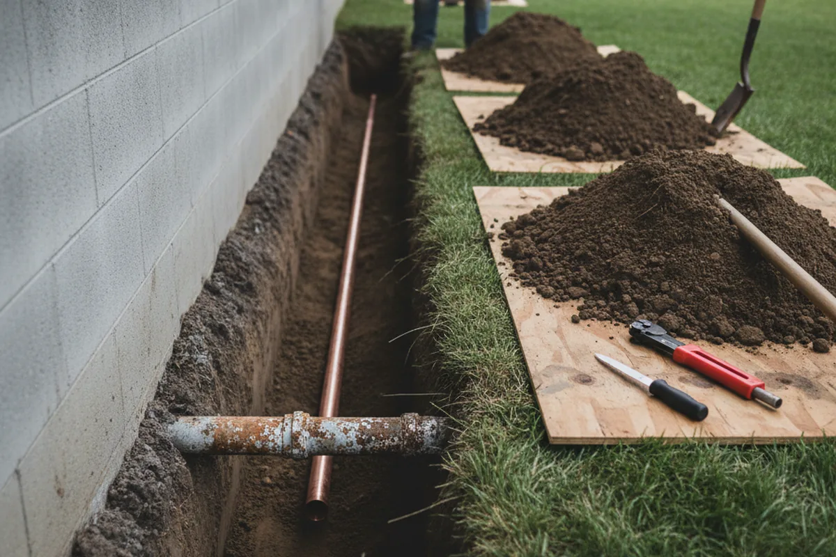 Excavated water line trench during Sewer Line Repair in Westmoreland
